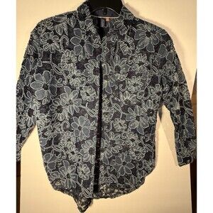 Pilcro Women's Blue White Floral Collared Button Long Sleeve Blouse XXS Cotton